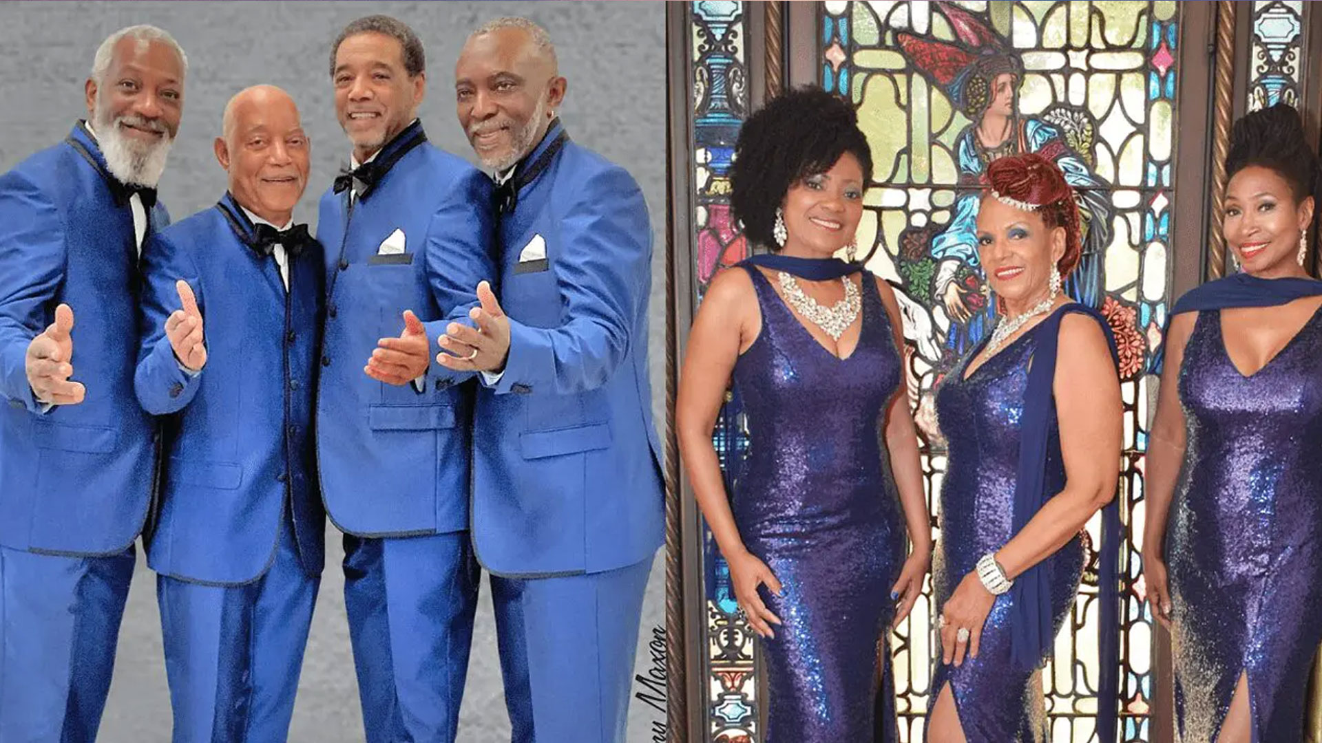 Two groups of people: On the left, four men in matching blue suits with black bow ties smile and pose together. On the right, three women in blue sequin dresses with matching capes and elaborate hairstyles stand together in front of a stained glass window, reminiscent of a Golden Oldies boardwalk scene. Rise Up NYC