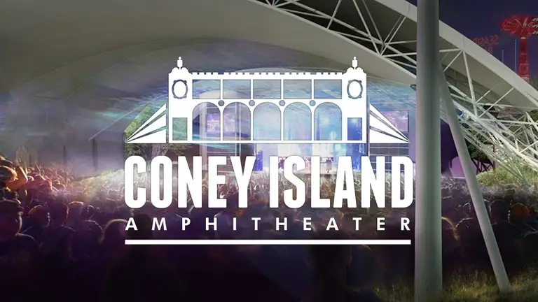 Image of the Coney Island Amphitheater logo. The logo features a white, stylized representation of the amphitheater against a blend of lights and a crowd in the background, capturing the spirit of entertainment. Text reads "Coney Island Amphitheater" beneath the graphic. Rise Up NYC