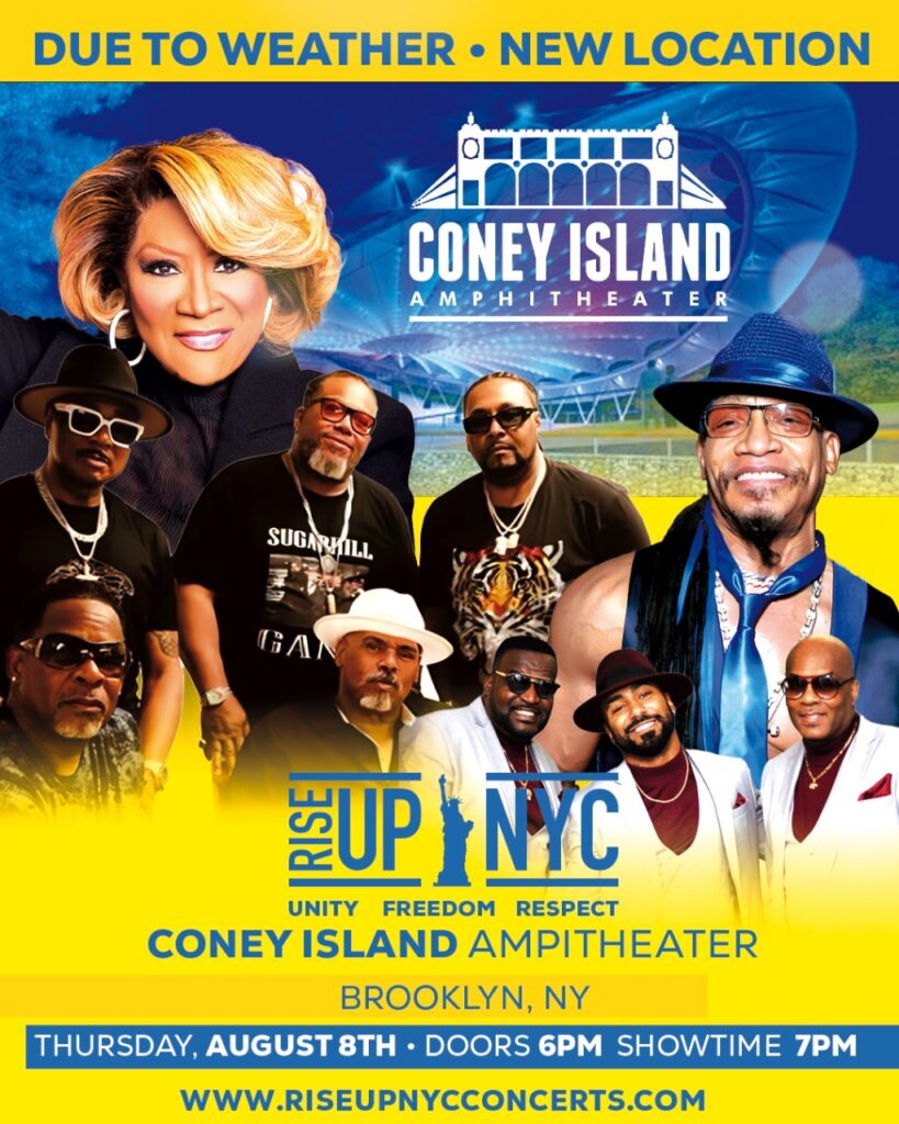 Concert event poster with musicians posing and smiling. The top section reads "DUE TO WEATHER • NEW LOCATION” with "CONEY ISLAND AMPHITHEATER" logo beneath. The lower section states event details: "RISE UP NYC," "CONEY ISLAND AMPHITHEATER," and the date "Thursday, August 8th. Rise Up NYC